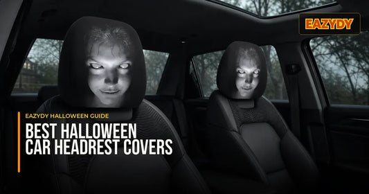 Two Halloween car headrest covers fitted on removable front-seat headrests