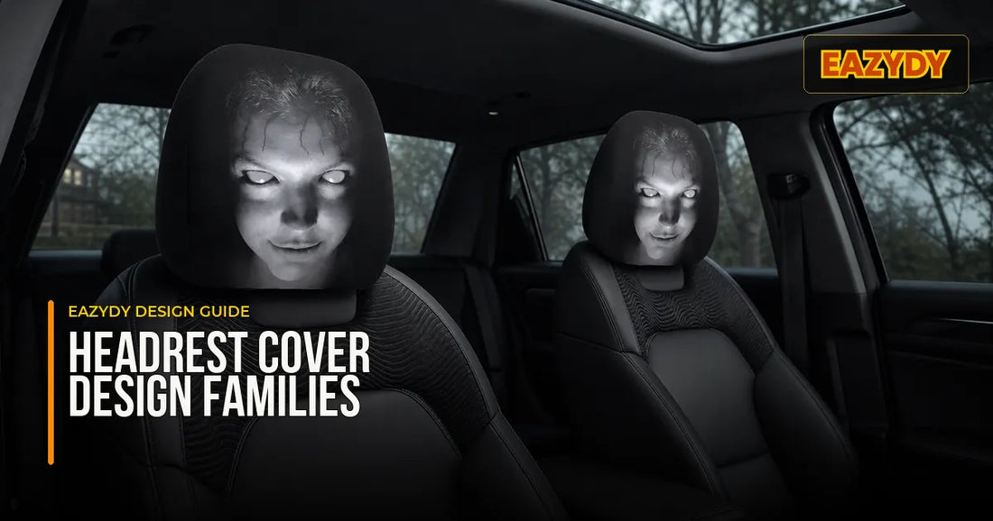 Approved Eazydy horror headrest covers presented as a design-selection grid