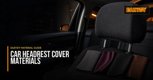 Four material swatches beside a removable car headrest cover