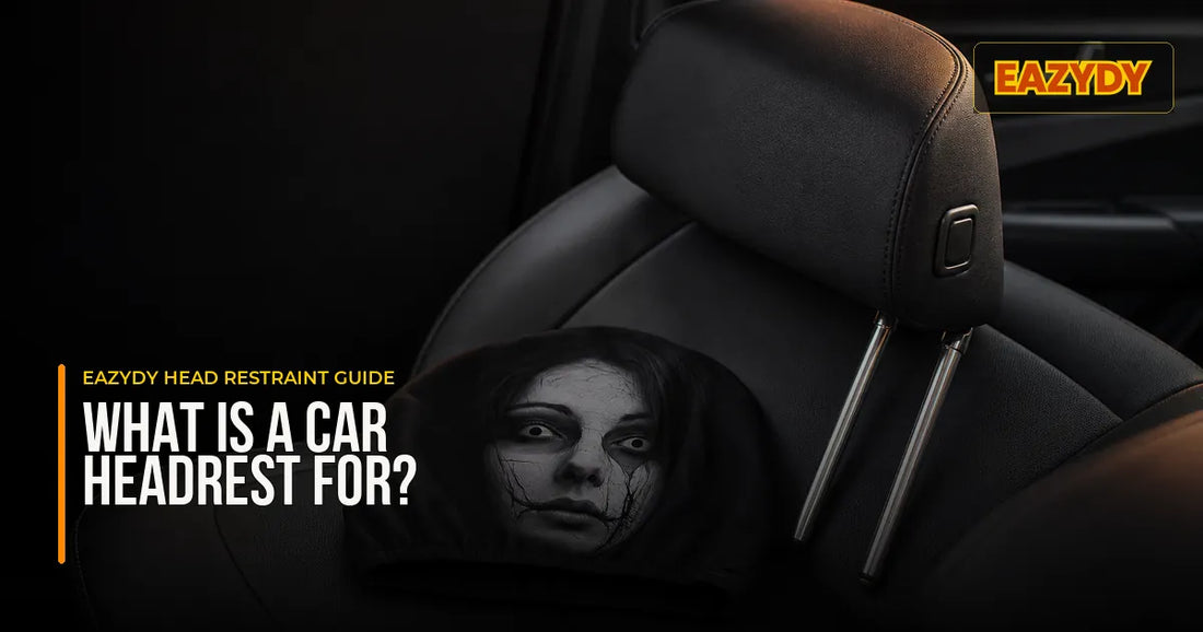 Removable two-post car head restraint beside a separate Eazydy fabric cover