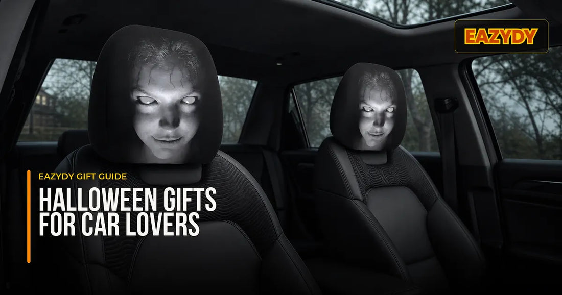 Matching 2-piece Halloween headrest cover set presented as a gift beside a parked car