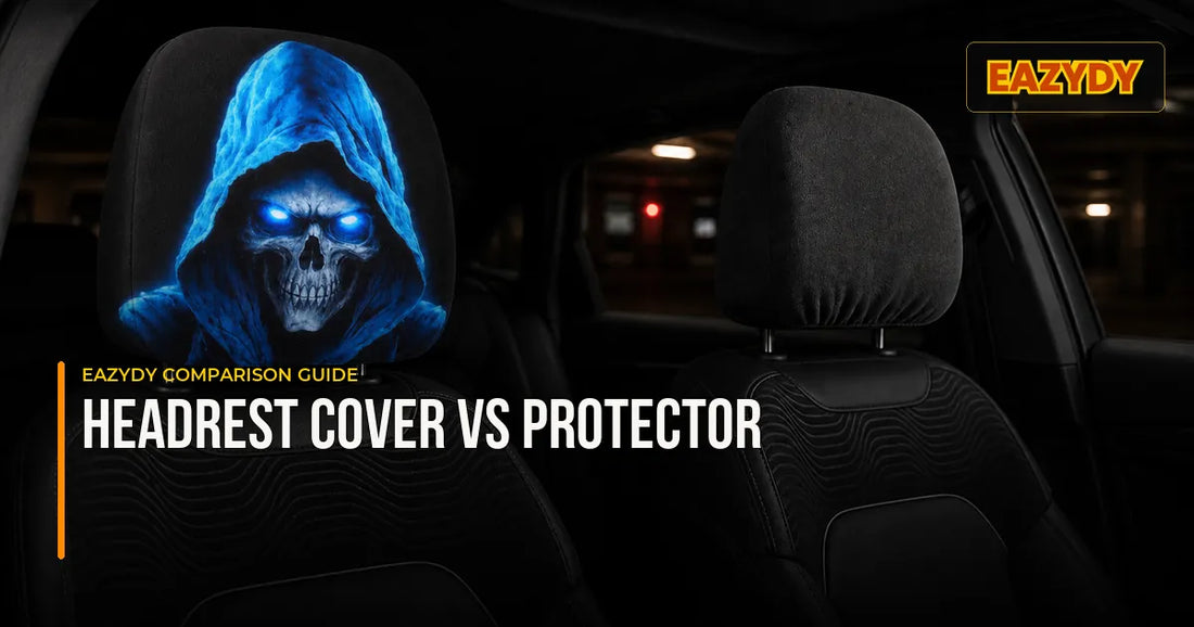 Eazydy Halloween car headrest cover compared with a plain headrest protector sleeve