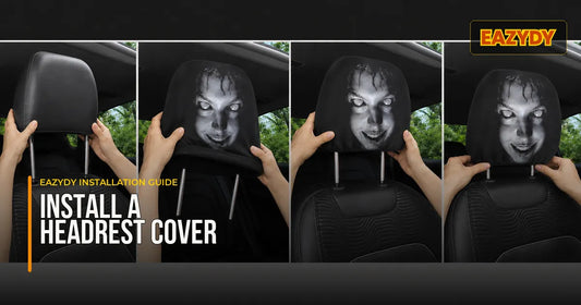 Hands guiding a plain cover over a removable headrest in a parked car