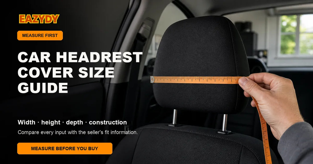 A flexible tape held across the widest point of a removable car headrest in a parked vehicle