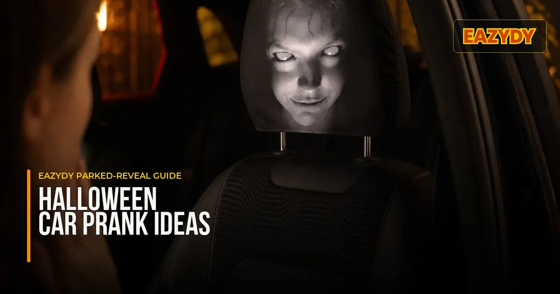 Consenting participant viewing scary headrest covers in a parked and secured vehicle