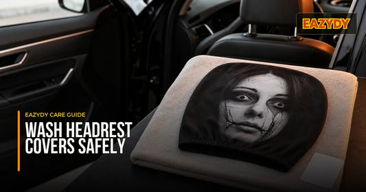 Black and white Halloween car headrest cover on a towel beside a care card