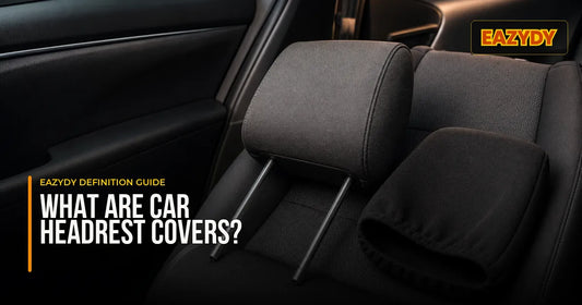 Removable two-post car headrest beside a separate slip-on headrest cover
