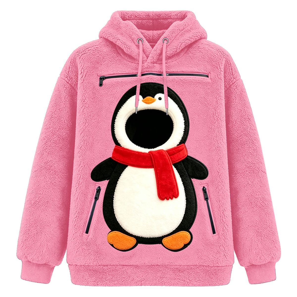 Green fleece hoodie with a penguin pet pouch