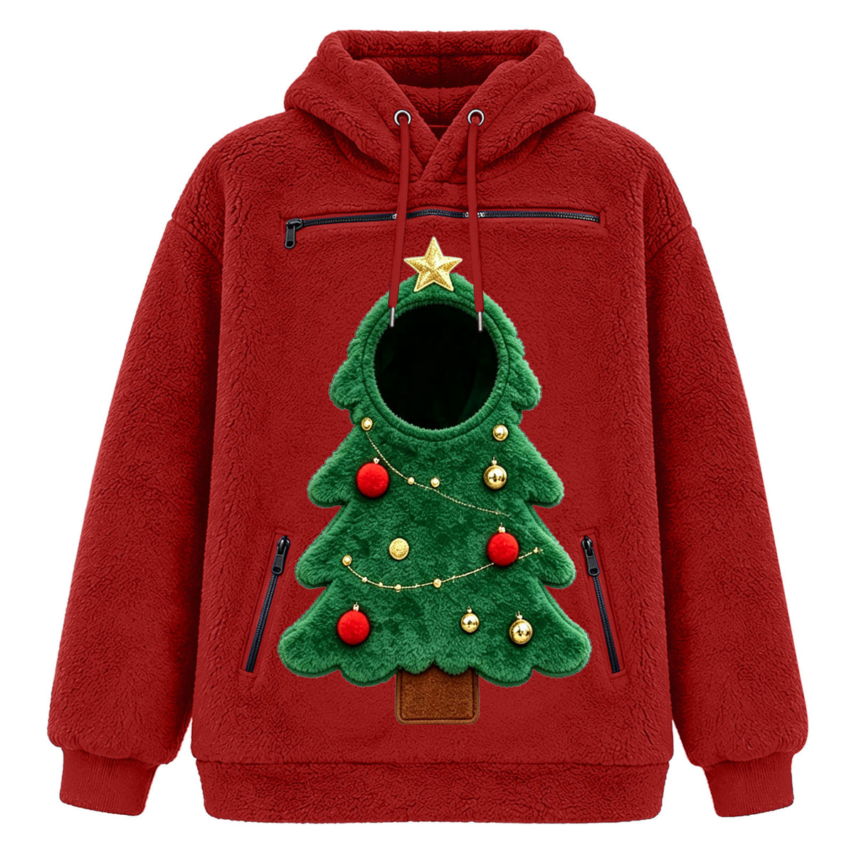 Red fleece hoodie with a Christmas tree pet pouch on the chest