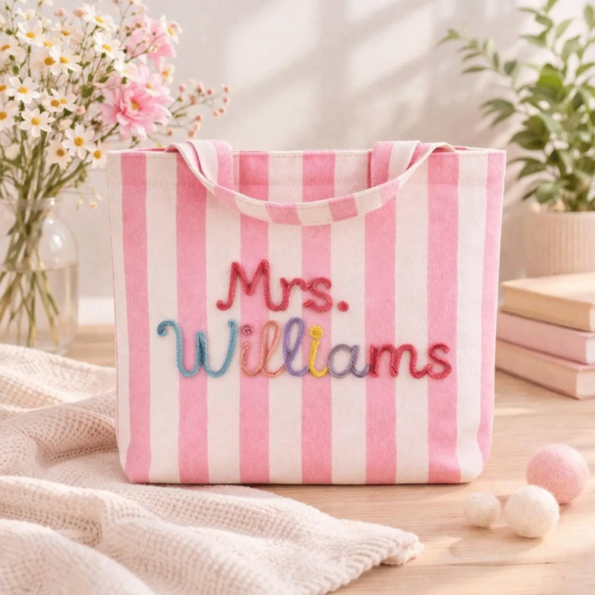 Personalized Striped Tote Bag
