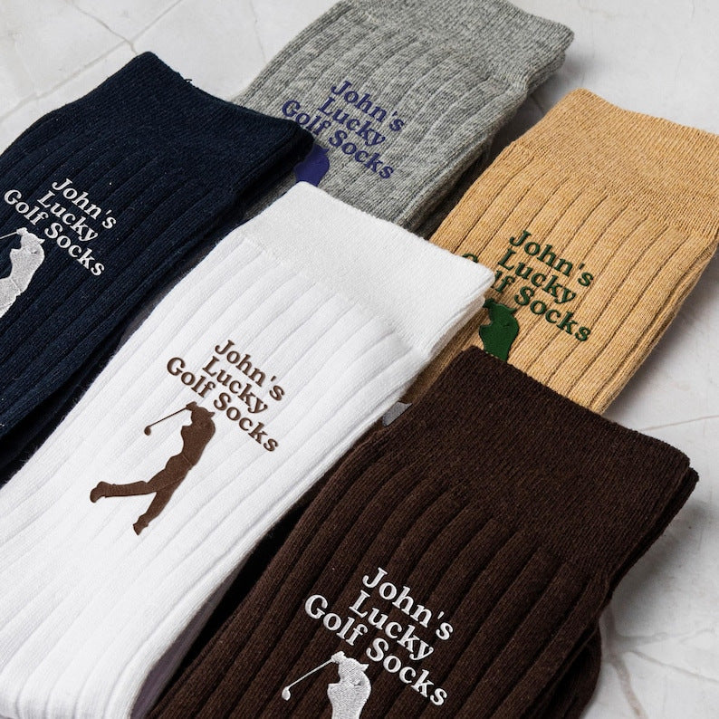 Golf socks embroidered with a golfer and John's Lucky Golf Socks