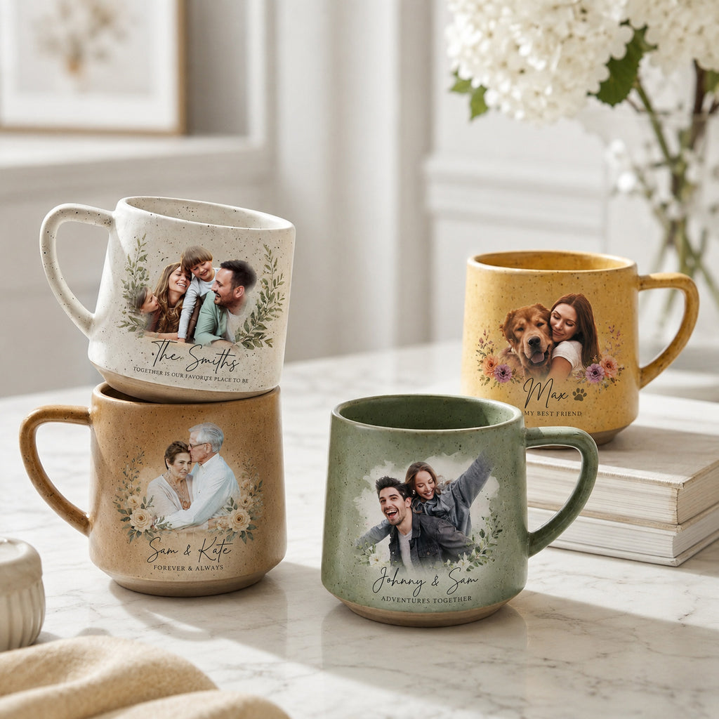 Stoneware mugs printed with a couple photo and their names in script