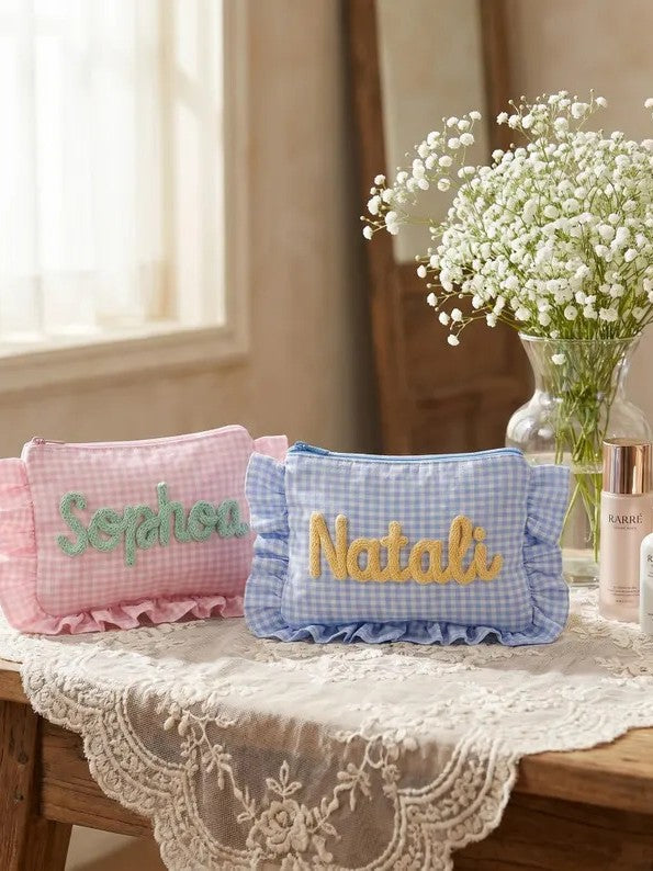 Personalized Gingham Ruffle Makeup Bag