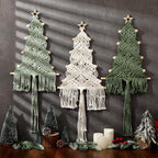 Macrame Christmas tree wall hangings in sage green and off-white