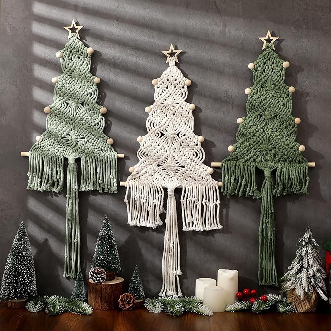Macrame Christmas tree wall hangings in sage green and off-white