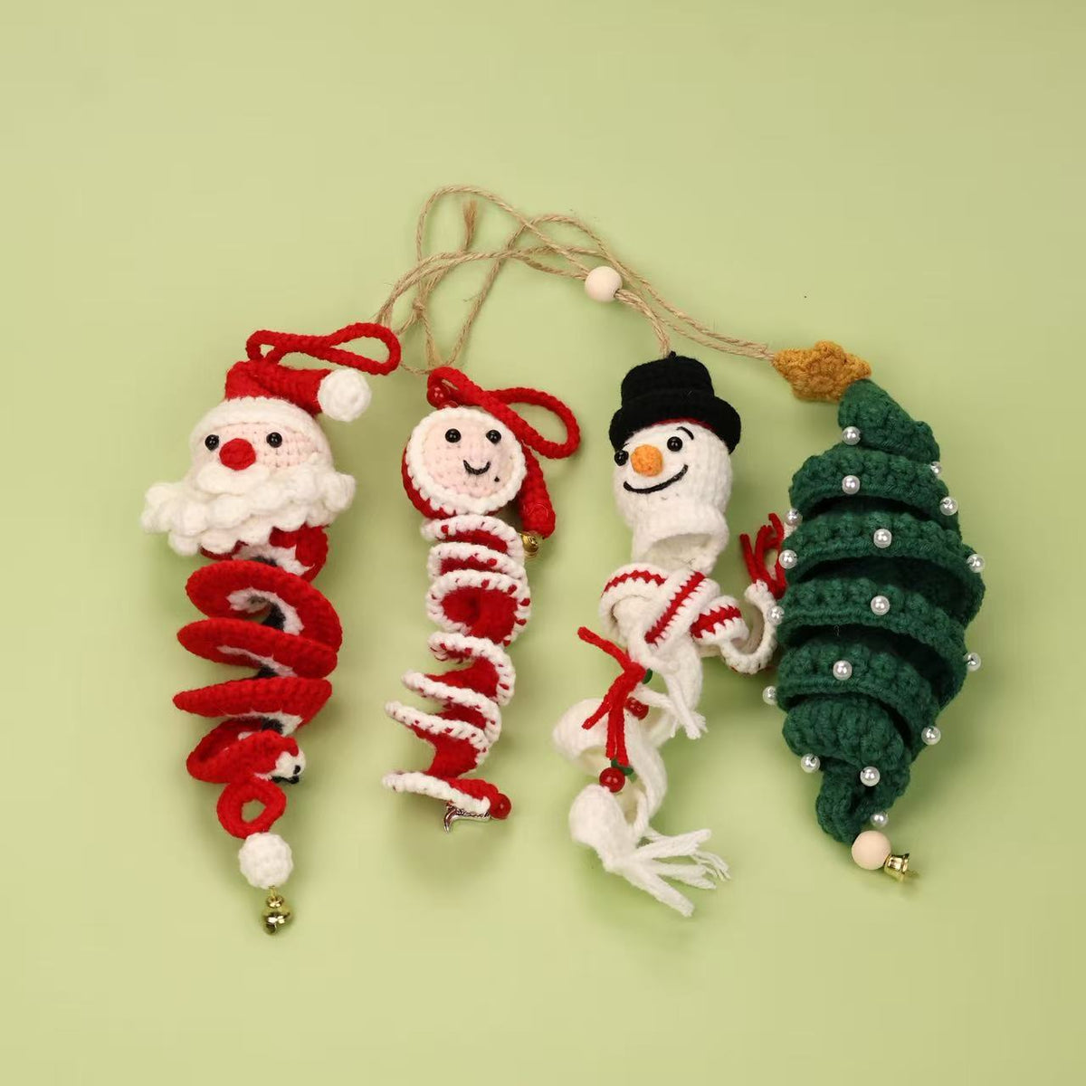 Crochet spiral Christmas ornaments: Santa, elf, snowman and tree