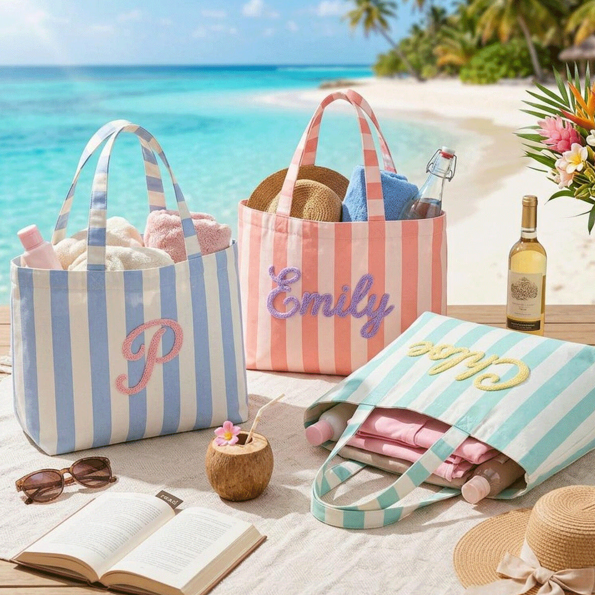 Striped tote bags with names stitched in chenille script on a sunny beach