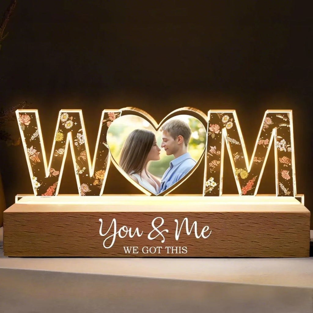 Acrylic letter night light spelling MOM with a couple's photo in the heart