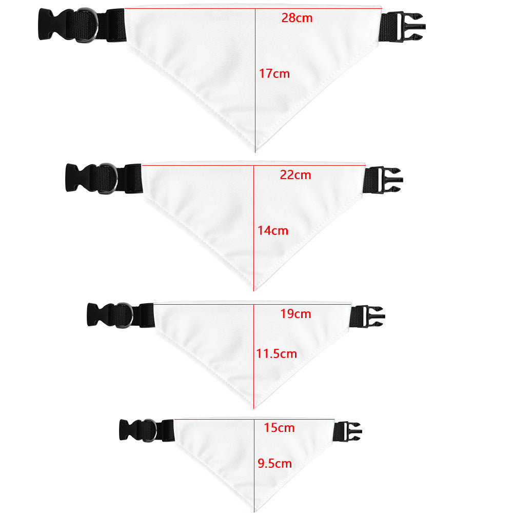 Dog bandana size chart: S, M, L and XL triangle widths and heights in centimeters