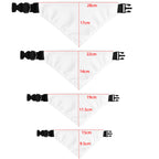 Dog bandana size chart: S, M, L and XL triangle widths and heights in centimeters