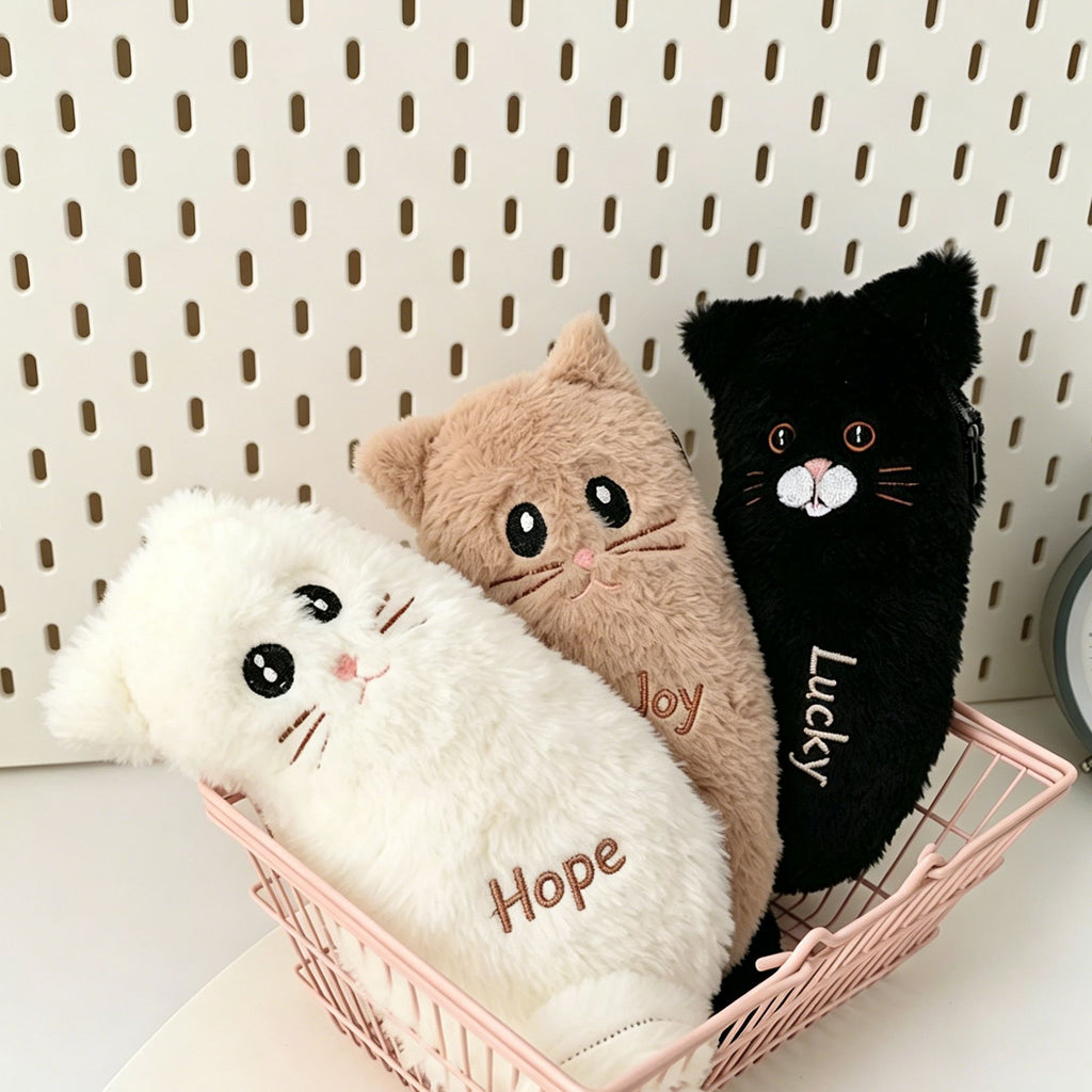 Plush cat pencil cases embroidered with names