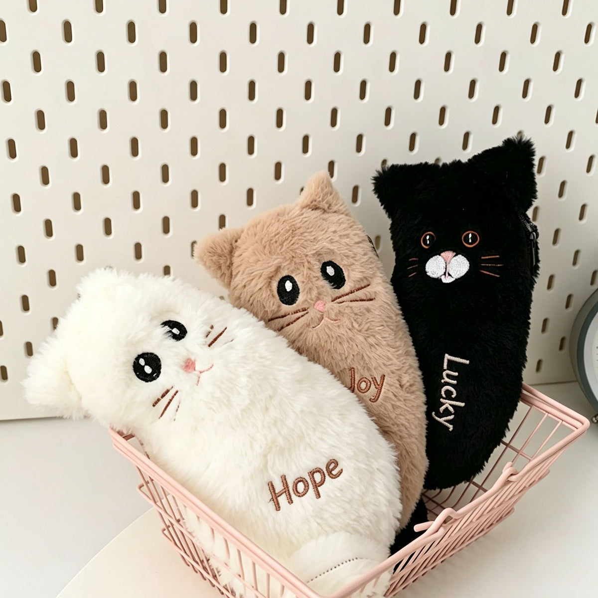 Plush cat pencil cases embroidered with names
