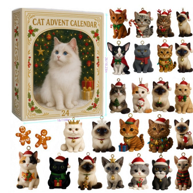 Cat advent calendar box with 24 cat ornaments in Christmas outfits