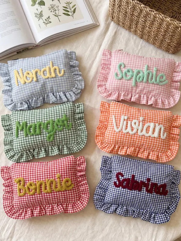 Personalized Gingham Ruffle Makeup Bag