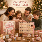 Family opening a pink sewing advent calendar with 24 drawers