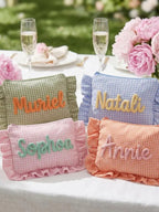 Gingham ruffle makeup bags with names in chenille script