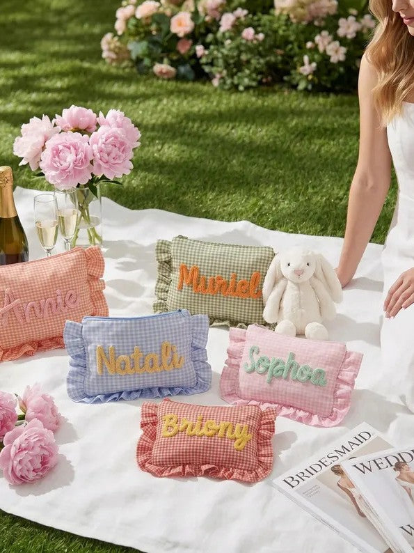Personalized Gingham Ruffle Makeup Bag