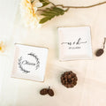 Square gold-rim ring dishes printed with names in script