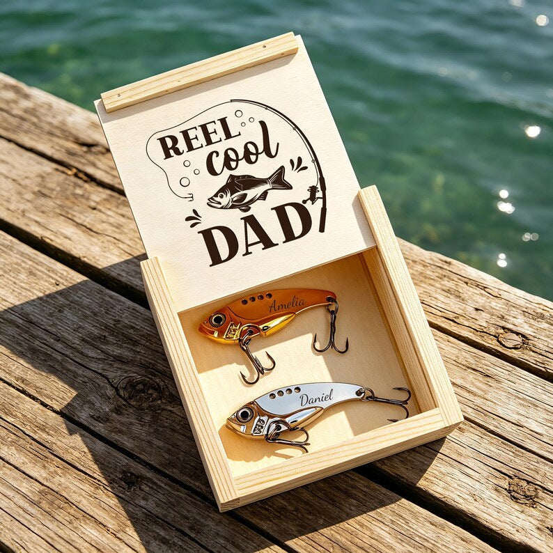 Engraved fishing lures in a Reel Cool Dad wooden gift box