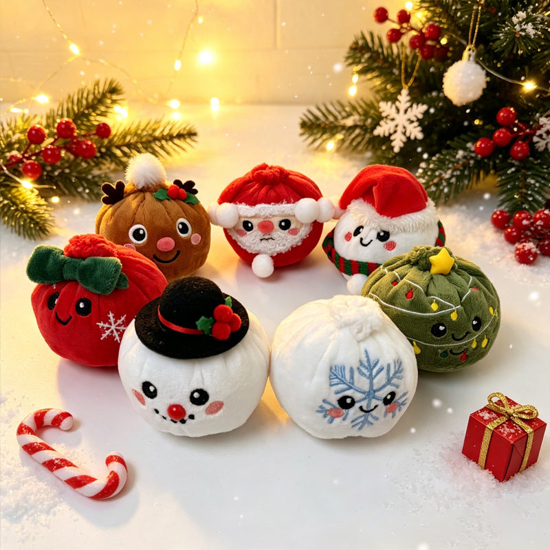 Christmas plush squishies shaped like Santa, a snowman, a reindeer and a tree