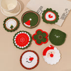 Crocheted Christmas coasters with Santa, snowman and snowflake designs