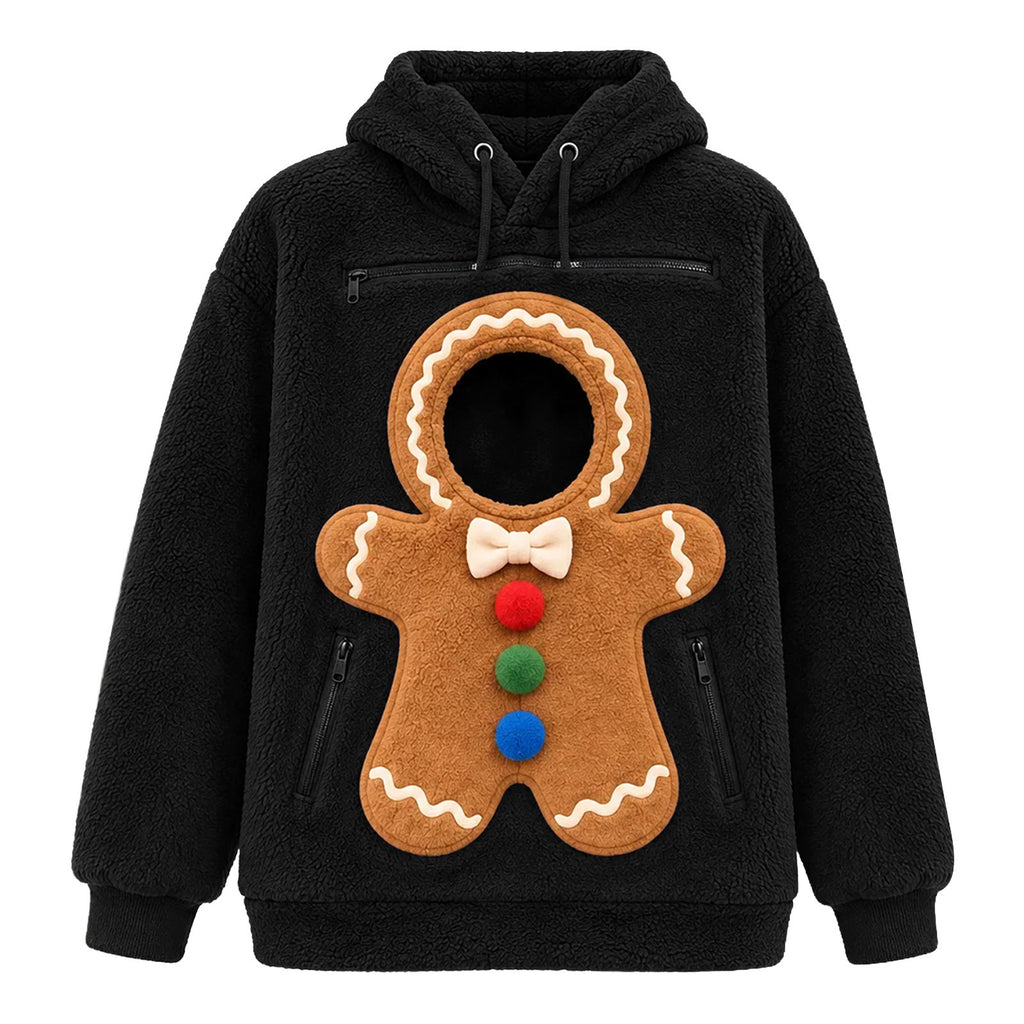 Black fleece hoodie with a gingerbread pet pouch