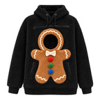 Black fleece hoodie with a gingerbread pet pouch