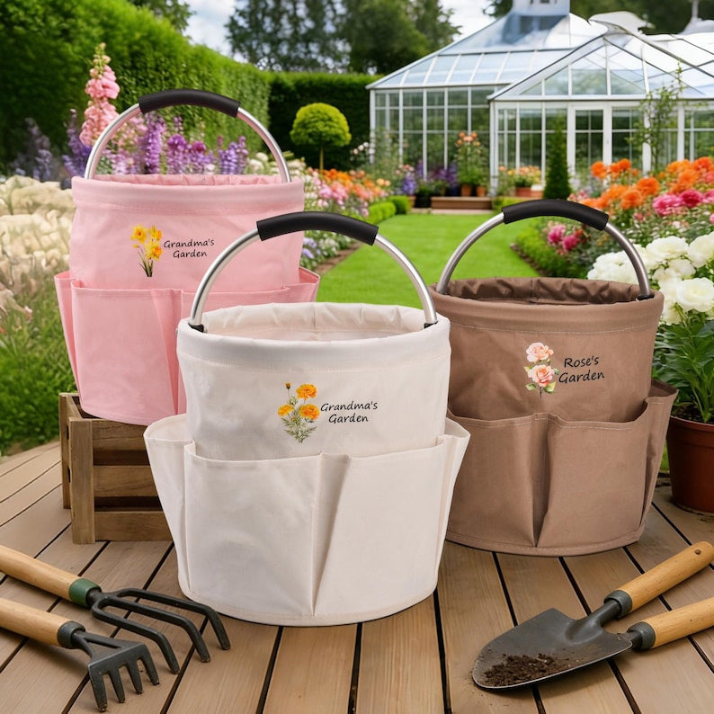Personalized garden tool buckets printed with names like Grandma's Garden, with tools in the pockets