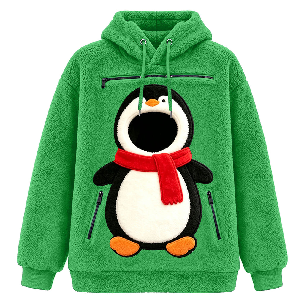 Red fleece hoodie with a penguin pet pouch