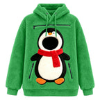 Red fleece hoodie with a penguin pet pouch