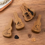 Wooden guitar-shaped pick holders engraved with names
