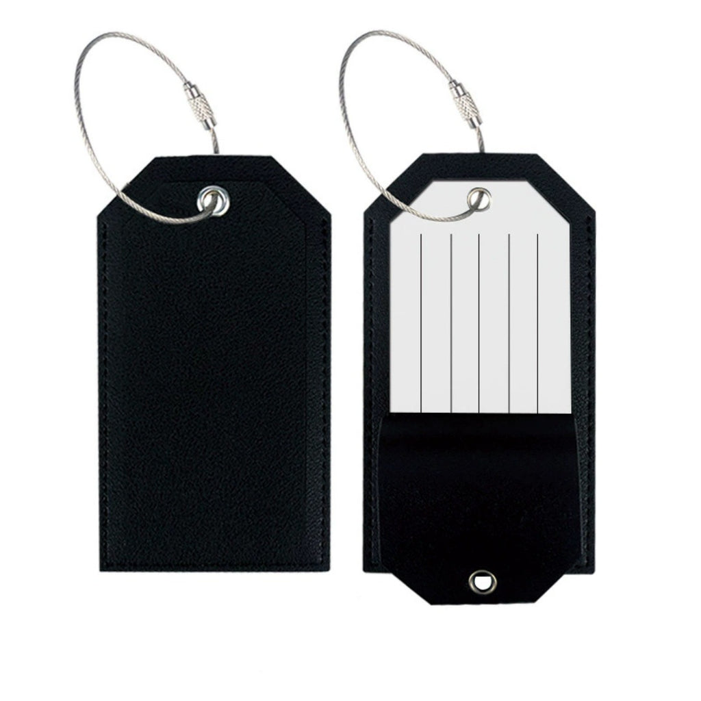 Black travel bag tag shown front and back with its address card window
