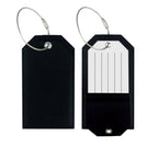 Black travel bag tag shown front and back with its address card window
