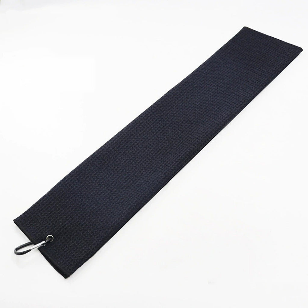 Black waffle golf towel with a metal clip