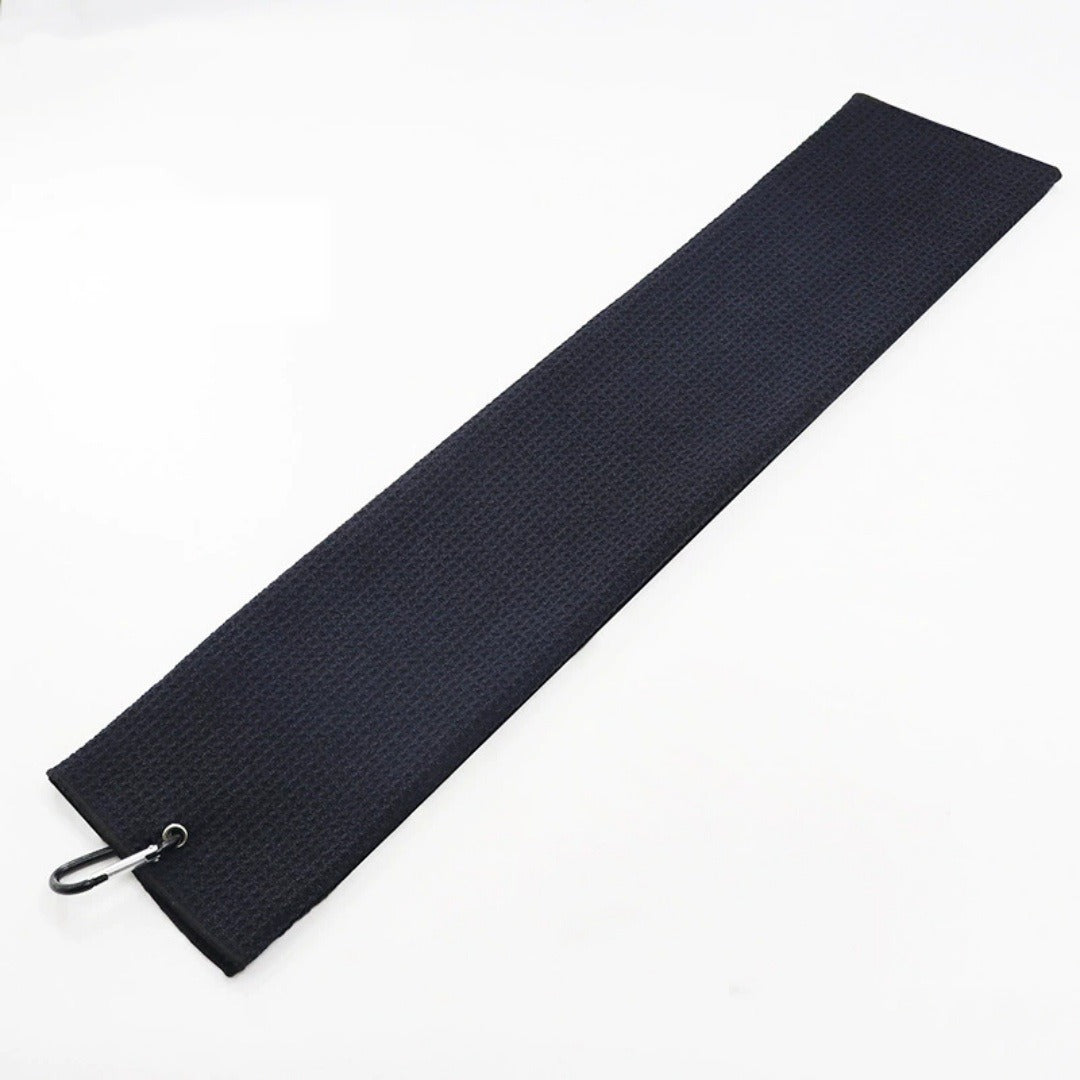 Black waffle golf towel with a metal clip