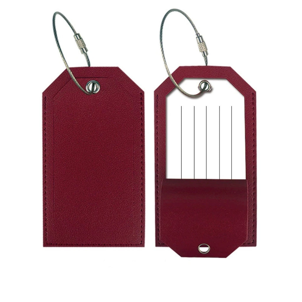 Burgundy luggage tag shown front and back, with the address card in its window and a steel cable loop