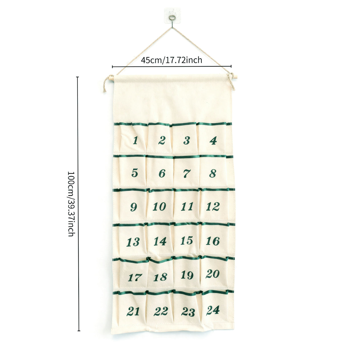 Canvas advent calendar with green pocket trim, about 45 × 100 cm, with 24 numbered pockets