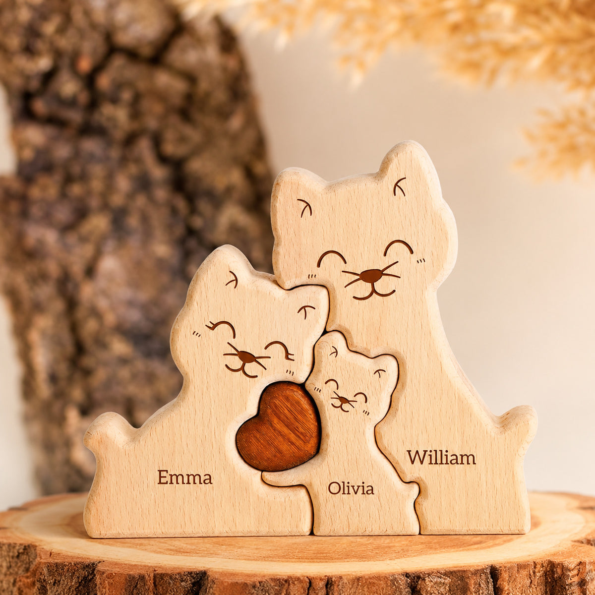 Personalized Wooden Cat Family