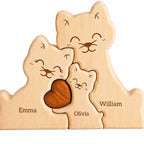 Wooden cat family puzzle engraved with the names Emma, Olivia and William