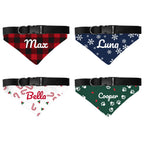 Personalized Christmas dog bandanas in four patterns: red plaid, snowflakes, candy canes and paw prints